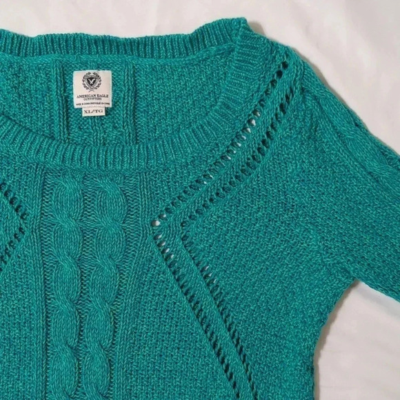 AEO Open Cable Knit Sweater, Color Aquamarine Size XL - Picture 8 of 12